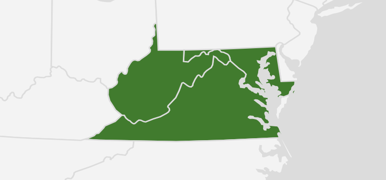 Map highlighting Greenway Environmental's areas of service including Virginia, West Virginia, & Maryland